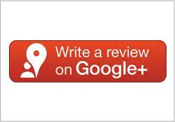 A red google plus button with the words " write a review on google +".